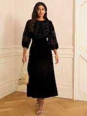 Love & Roses Black Velvet Cutwork Mesh Midi Dress - Image 1 of 4