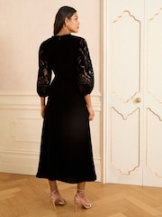 Love & Roses Black Velvet Cutwork Mesh Midi Dress - Image 4 of 4
