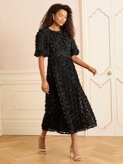 Love & Roses Black Rose Textured Puff Sleeve Crew Neck Midi Dress - Image 1 of 5