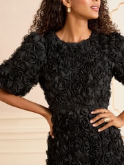Love & Roses Black Rose Textured Puff Sleeve Crew Neck Midi Dress - Image 2 of 5
