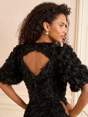 Love & Roses Black Rose Textured Puff Sleeve Crew Neck Midi Dress - Image 4 of 5