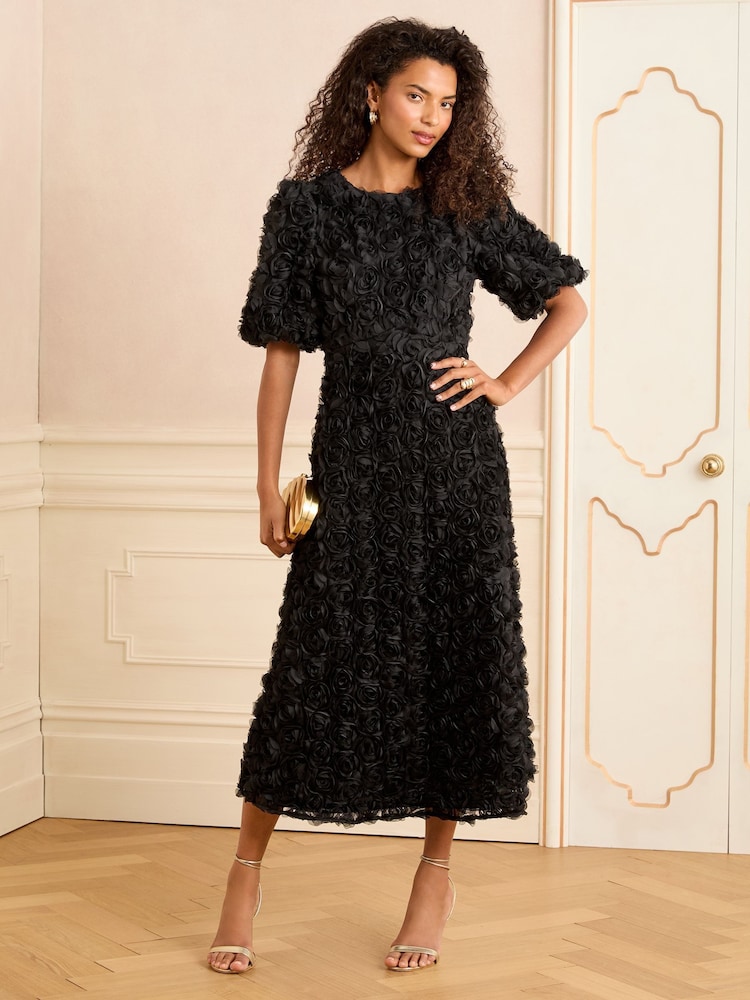 Love & Roses Black Rose Textured Puff Sleeve Crew Neck Midi Dress - Image 5 of 5