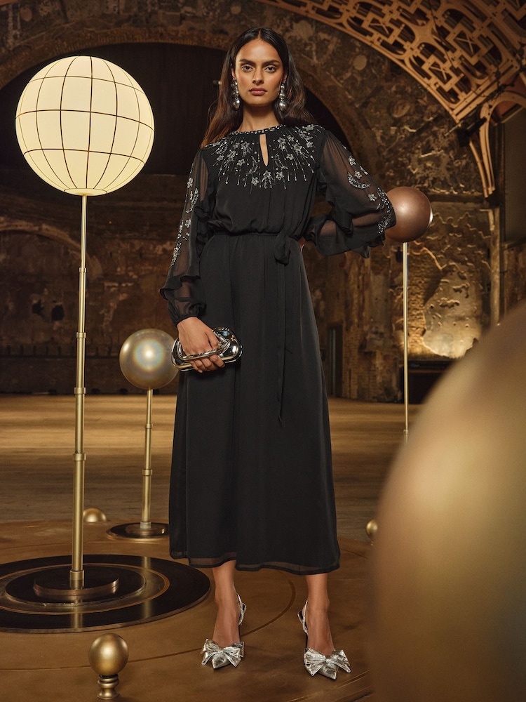 Love & Roses Black Star Embellished Long Sleeve Midi Dress - Image 1 of 5