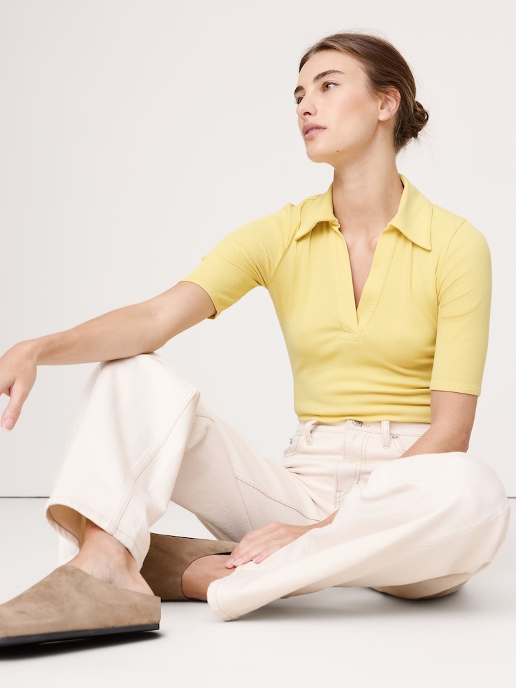 Banana Republic Yellow Ribbed Elbow-Sleeve Polo Shirt - Image 1 of 1