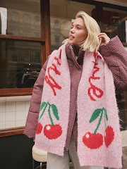 Pink Cherry Slogan Knitted Heavyweight Scarf - Image 1 of 8