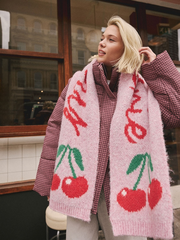 Pink Cherry Slogan Knitted Heavyweight Scarf - Image 1 of 8