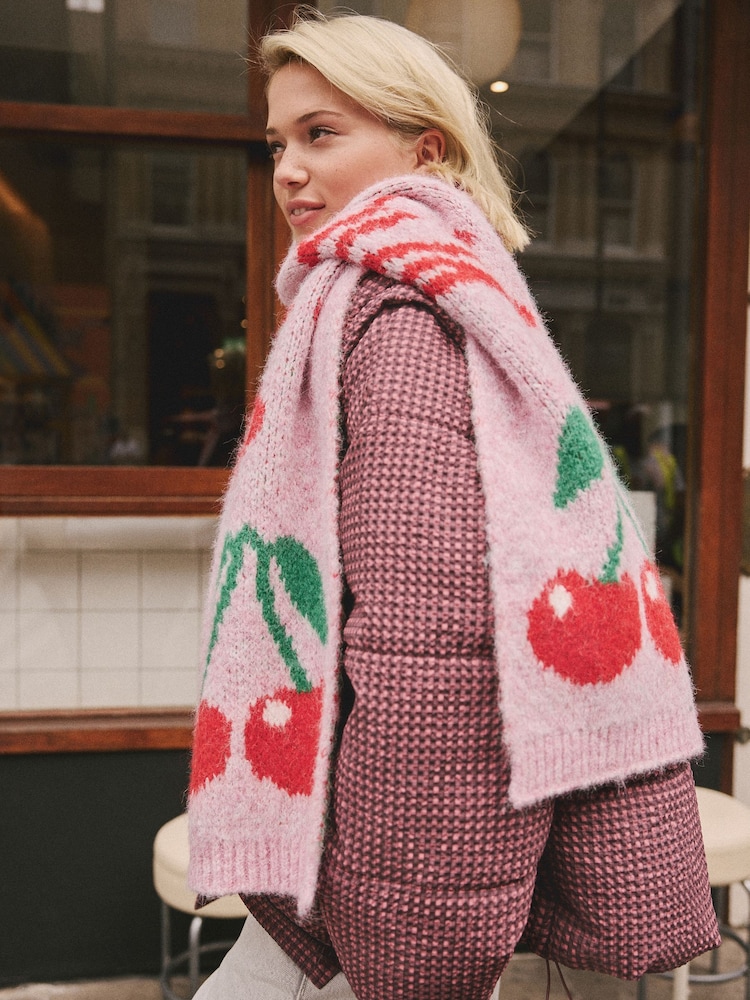 Pink Cherry Slogan Knitted Heavyweight Scarf - Image 2 of 8