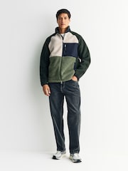 Khaki Green/Ecru Neutral - Colourblock Zip Through Funnel Fleece - Imagen 1 de 9