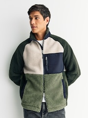 Khaki Green/Ecru Neutral - Colourblock Zip Through Funnel Fleece - Imagen 2 de 9
