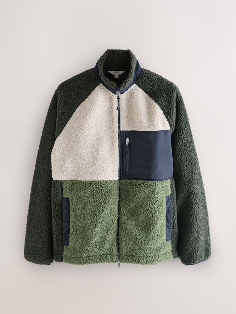 Khaki Green/Ecru Neutral Colourblock Zip Through Funnel Fleece - Image 9 of 9 Khaki Green/Ecru Neutral Colourblock Zip Through Funnel Fleece - Image 9 of 9