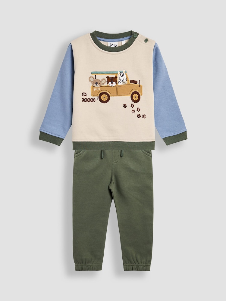 JoJo Maman Bébé Green Safari 2-Piece Appliqué Sweatshirt & Joggers Set - Image 1 of 7
