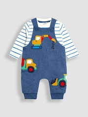 JoJo Maman Bébé Blue 2-Piece Appliqué Dungarees & Print Top Set - Image 1 of 6