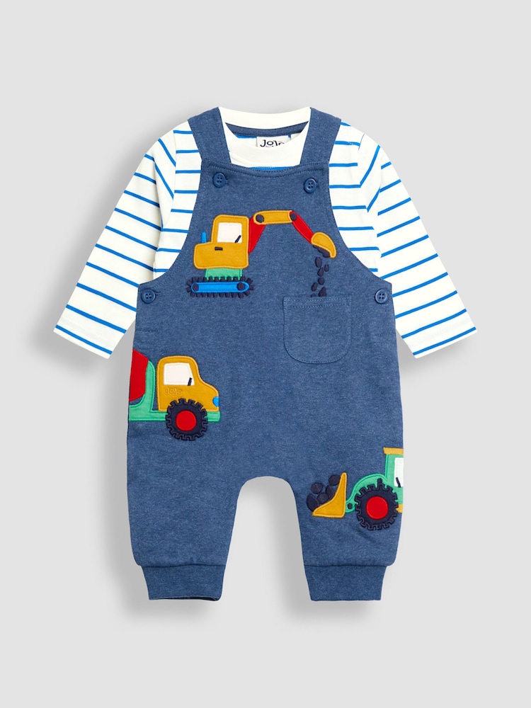 JoJo Maman Bébé Blue 2-Piece Appliqué Dungarees & Print Top Set - Image 1 of 6