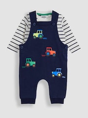 JoJo Maman Bébé Light Blue 2-Piece Appliqué Dungarees & Stripe Top Set - Image 1 of 7