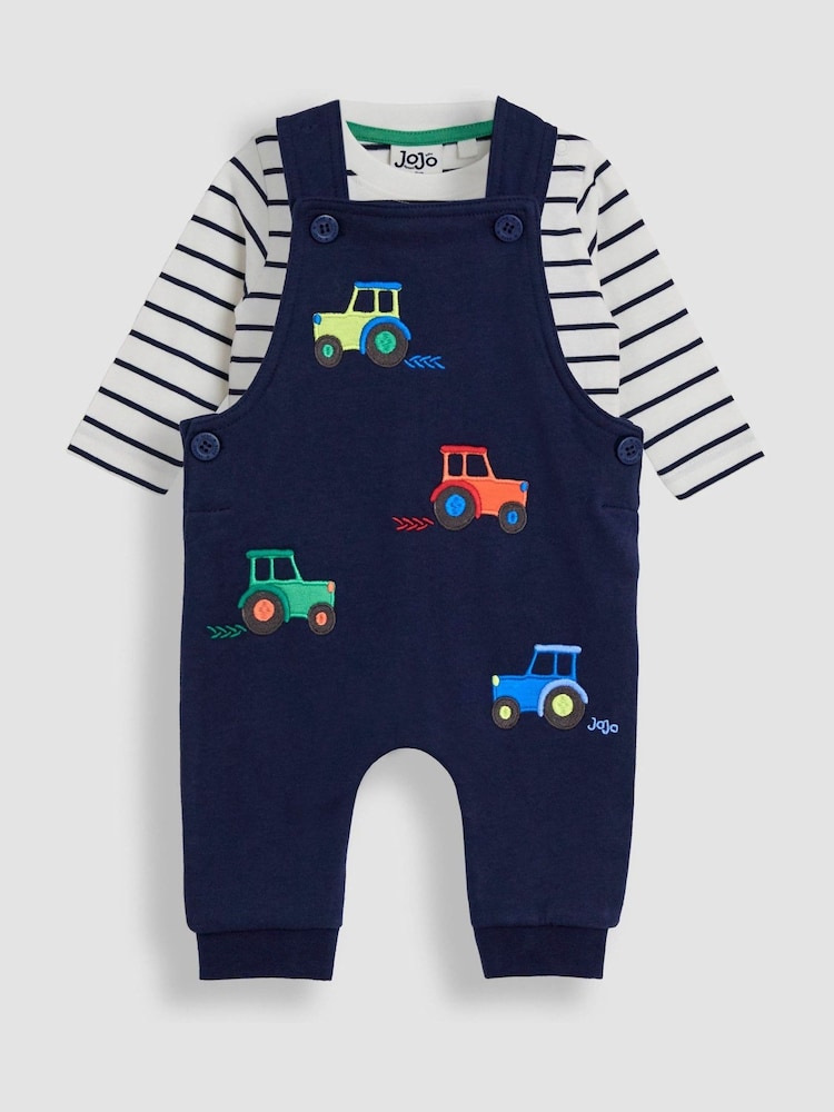 JoJo Maman Bébé Light Blue 2-Piece Appliqué Dungarees & Stripe Top Set - Image 1 of 7