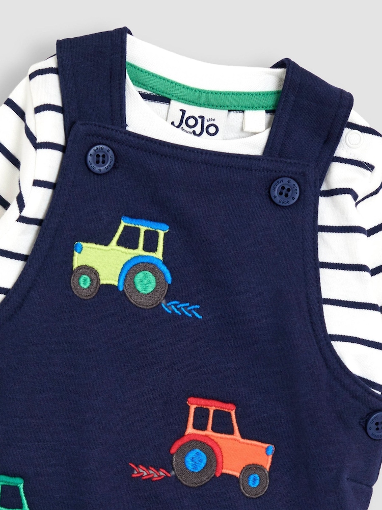 JoJo Maman Bébé Light Blue 2-Piece Appliqué Dungarees & Stripe Top Set - Image 2 of 7