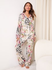 Lipsy Cream Animal Floral Print Jersey Long Sleeve and Trousers Satin Trim Pyjamas Set - Image 1 of 4