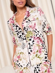 Lipsy Cream Animal Floral Print Jersey Long Sleeve and Trousers Satin Trim Pyjamas Set - Image 2 of 4