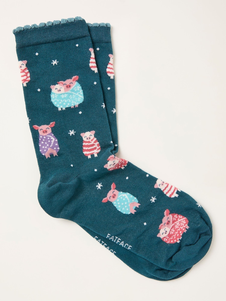FatFace Teal Blue Pigs in Blankets Socks - Image 1 of 2