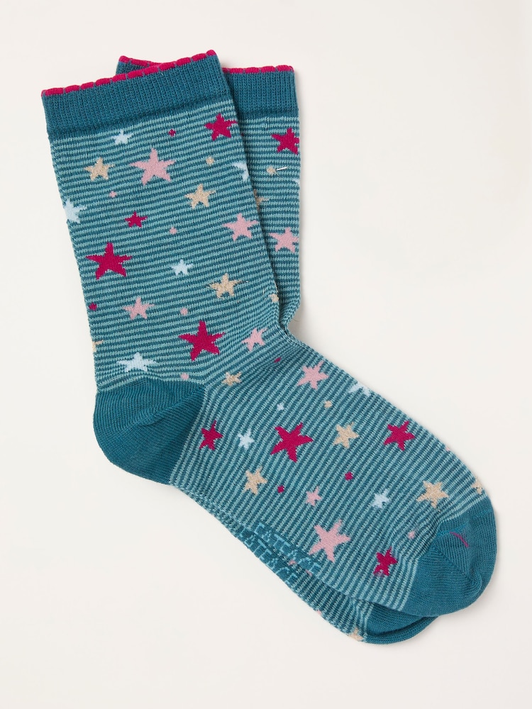 FatFace Teal Blue Striped Star Socks - Image 1 of 2 FatFace Teal Blue Striped Star Socks - Image 1 of 2