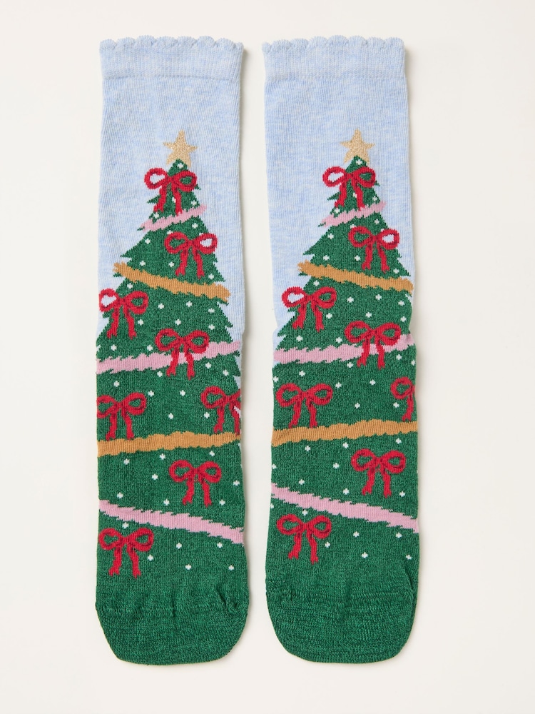 FatFace Light Blue Bow Christmas Tree Socks - Image 1 of 2