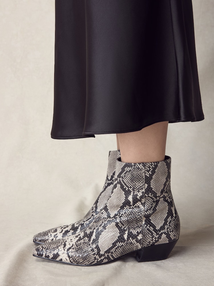 Snake Printed Leather N. Premium Chisel Toe Flat Ankle Boots - Image 1 of 5