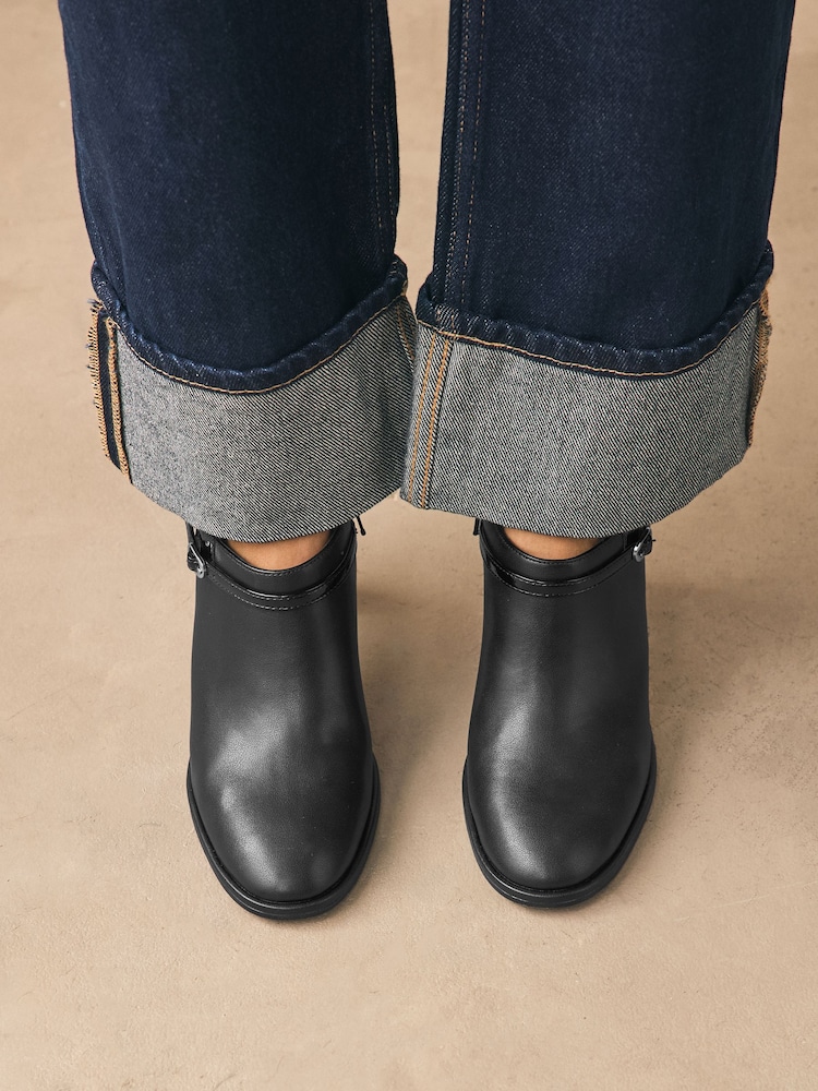 Black Forever Comfort® Round Toe Block Heel Buckle Detail Shoe Boots - Image 1 of 10