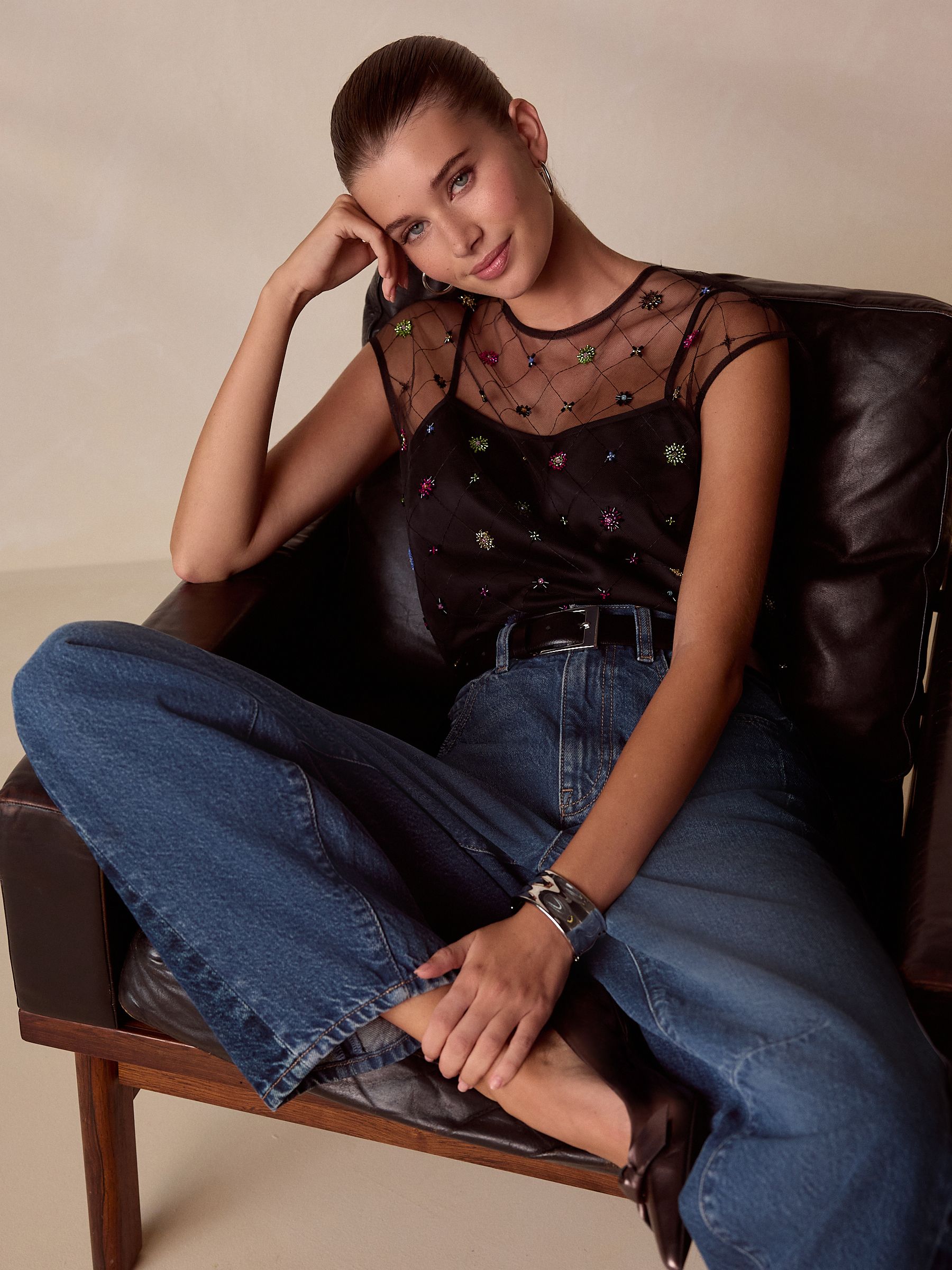 Buy Black/Multi N. Premium Beaded Sheer Double Layer Top from Next