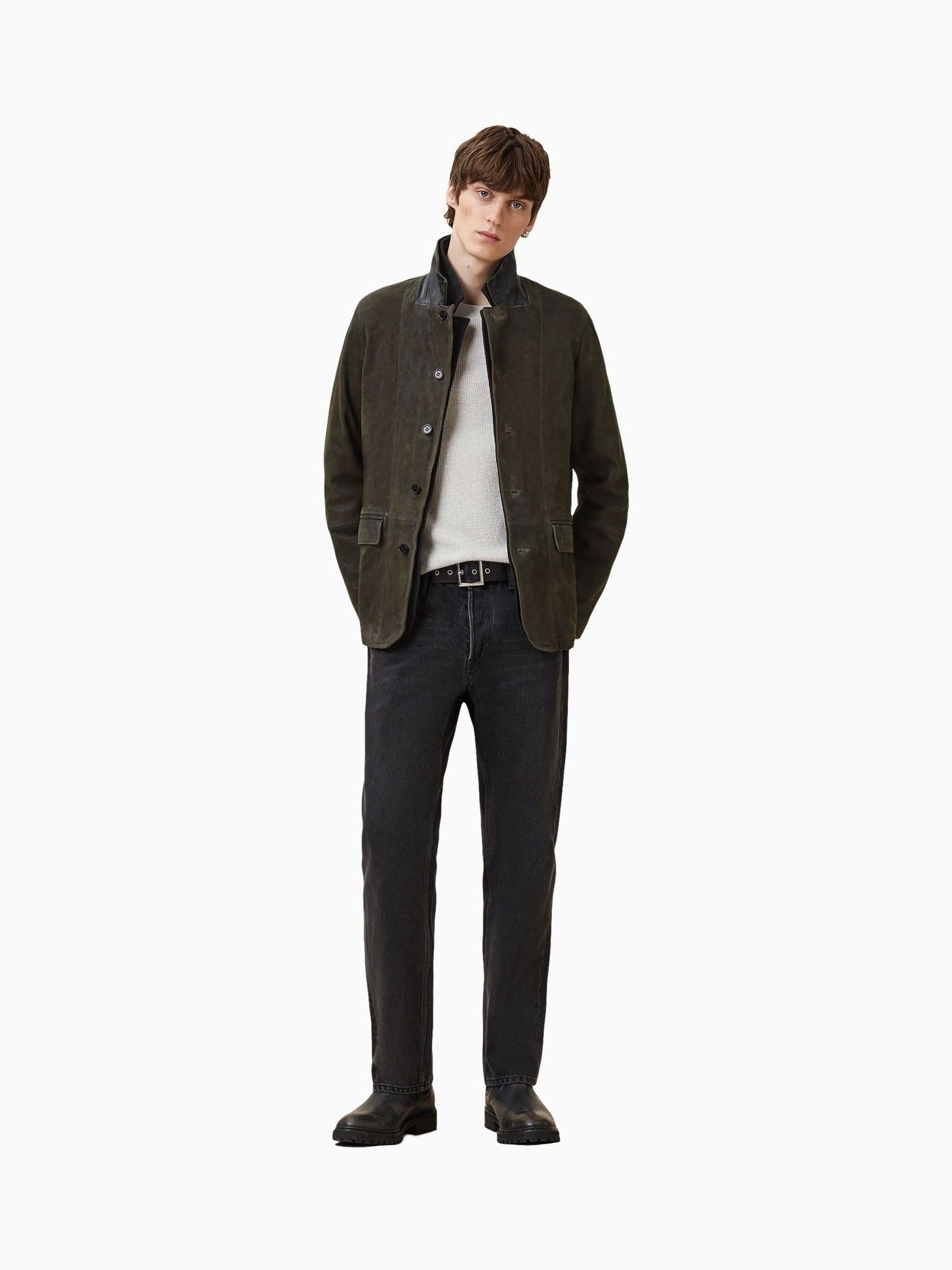 Buy AllSaints Green Survey Grey Double Layered Suede Blazer from