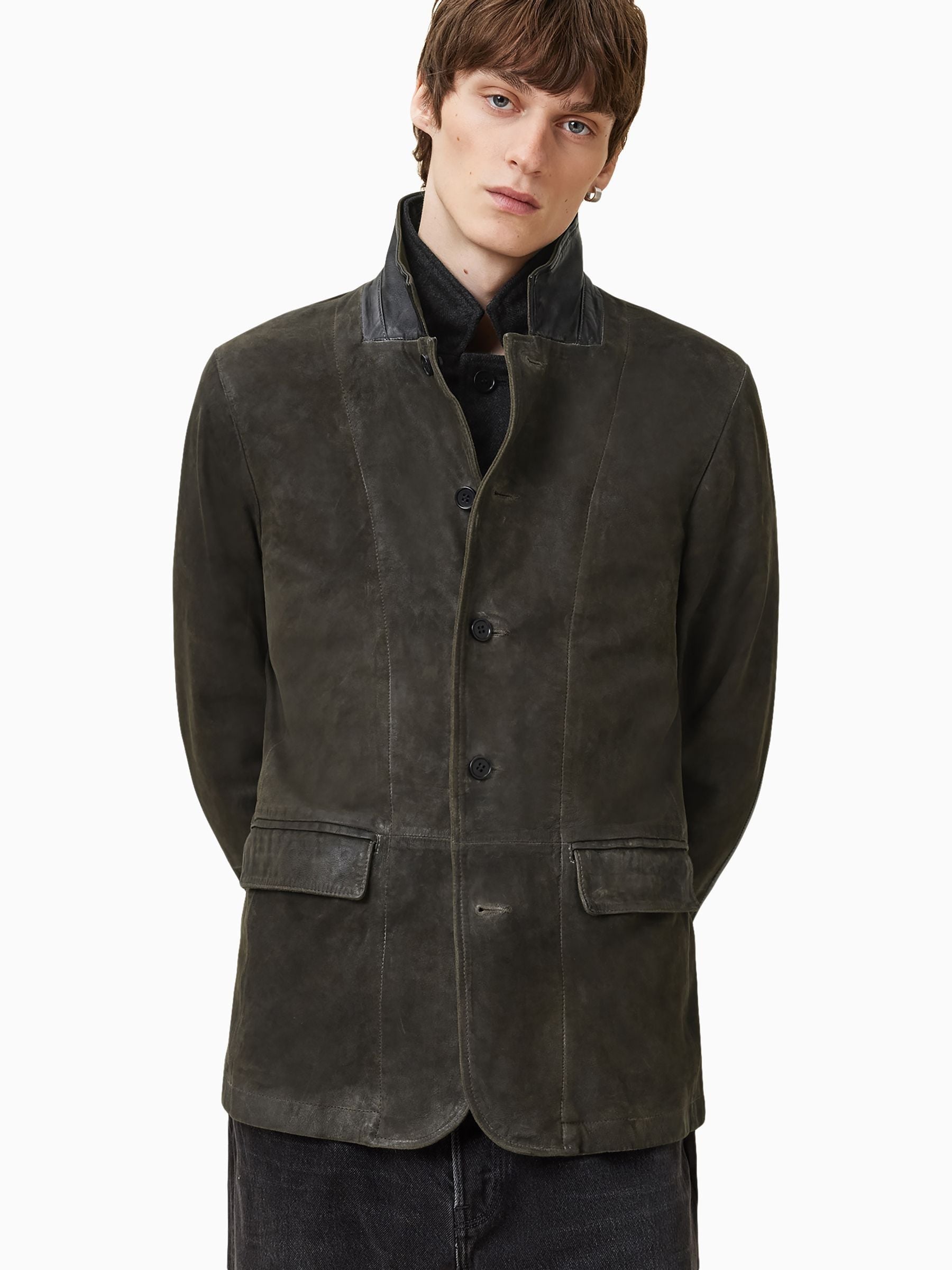 Buy AllSaints Green Survey Grey Double Layered Suede Blazer from