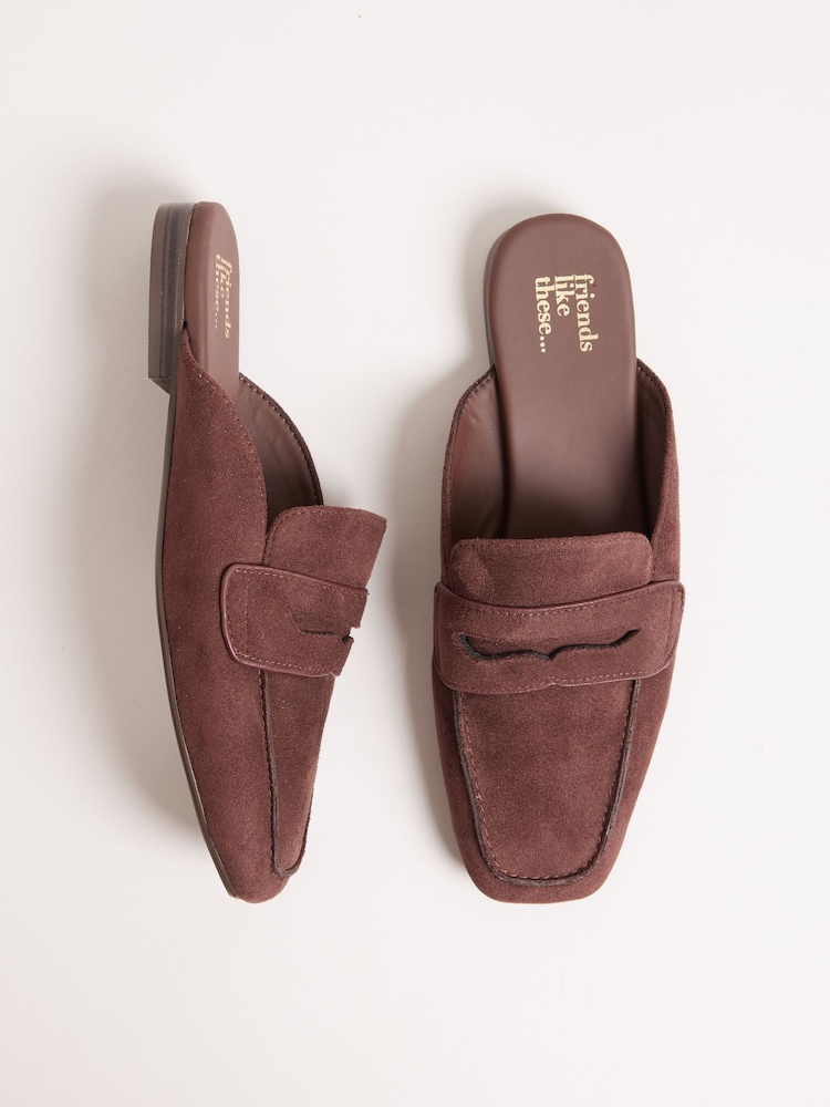 Friends Like These Chocolate Brown Square Toe Comfort Faux Suede Mule Loafer Shoes - Image 1 of 4
