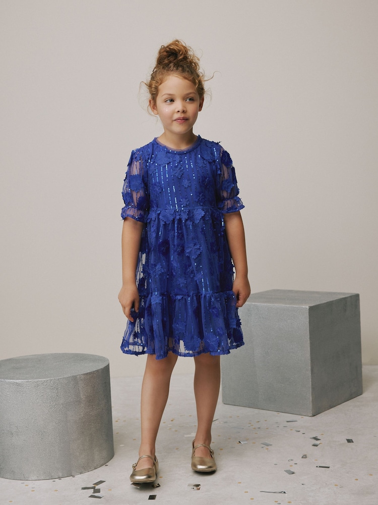 Cobalt Blue Mesh Flower Sequin Party Dress (3-16yrs) - Image 1 of 8 Cobalt Blue Mesh Flower Sequin Party Dress (3-16yrs) - Image 1 of 8