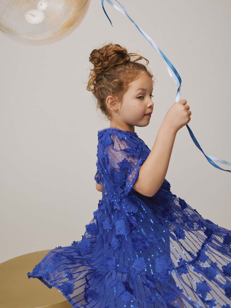 Cobalt Blue Mesh Flower Sequin Party Dress (3-16yrs) - Image 2 of 8 Cobalt Blue Mesh Flower Sequin Party Dress (3-16yrs) - Image 2 of 8