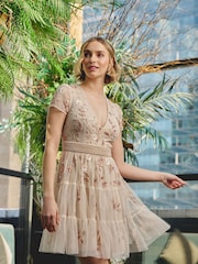 Adrianna Papell Pink Bead Mesh Cocktail Dress - Image 1 of 6