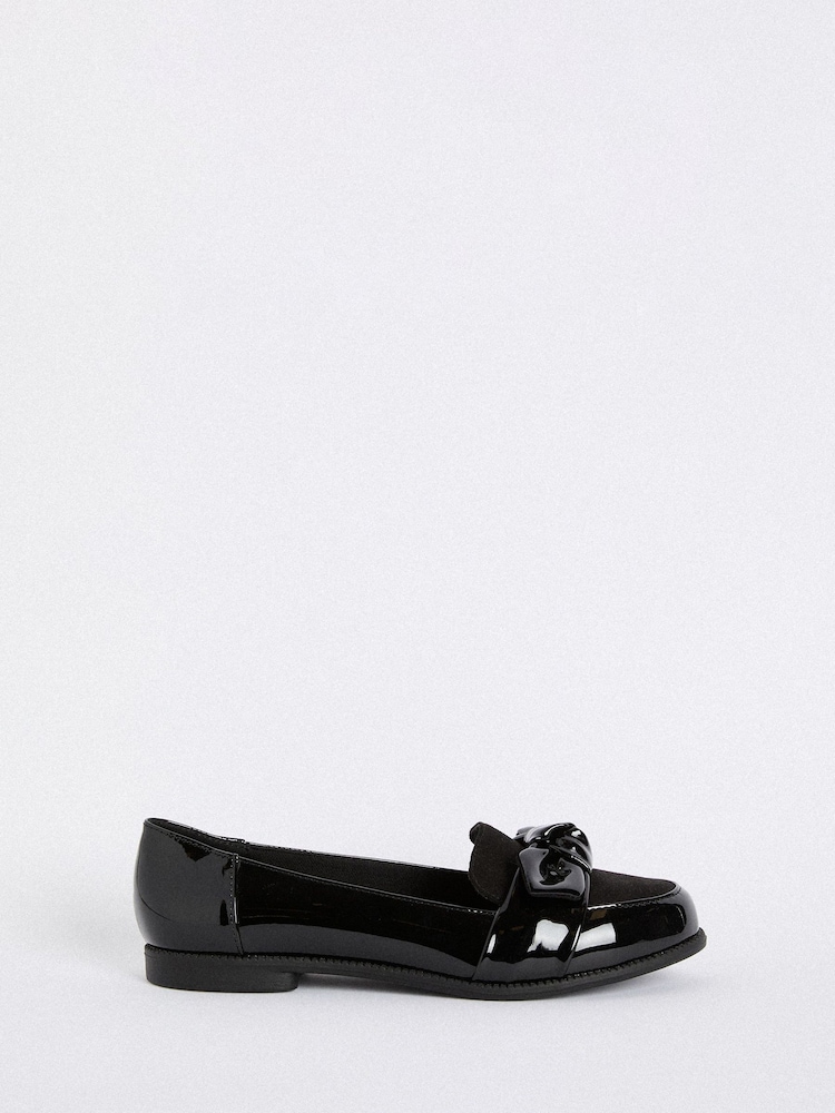 Friends Like These Black Wide Fit Flat Comfort Bow Faux Leather Patent Loafers - Image 2 of 4