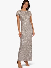 Adrianna Papell Silver Beaded Mesh Long Dress - Image 1 of 6
