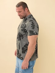 Gri - BadRhino Big & Tall Tonal Leaf Print 100% Cotton T-Shirt - Imaginea 4 din 6