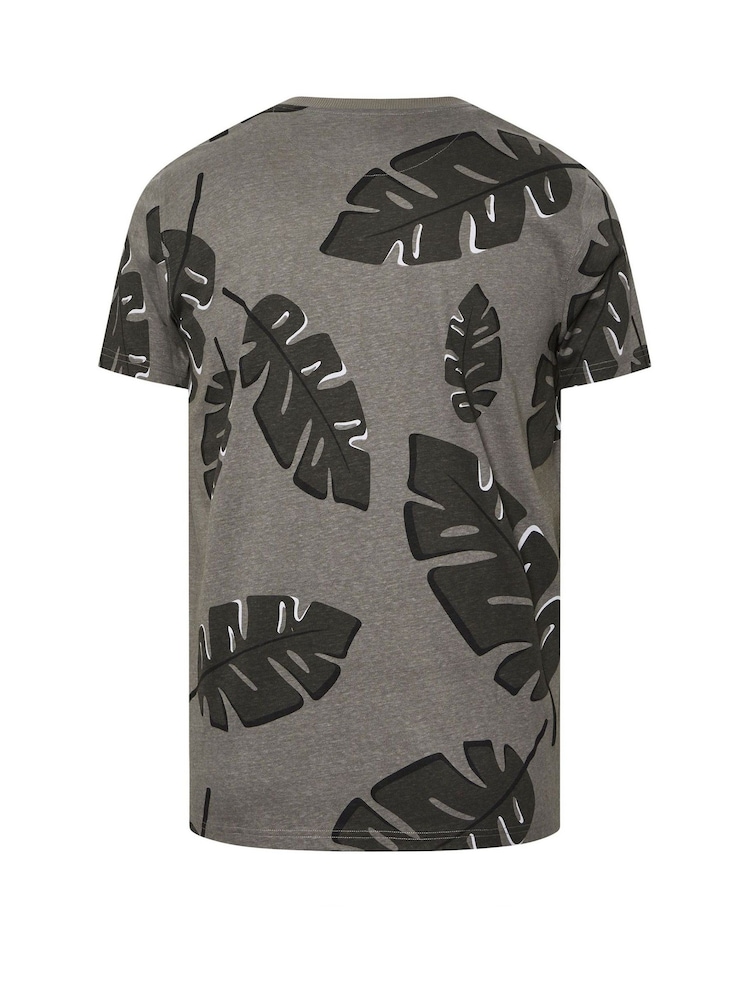 Gri - BadRhino Big & Tall Tonal Leaf Print 100% Cotton T-Shirt - Imaginea 6 din 6