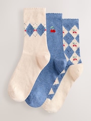 Blue/Oatmeal Argyle Cherries - Pacote 3 de meias de tornozelo - Imagem 1 de 6