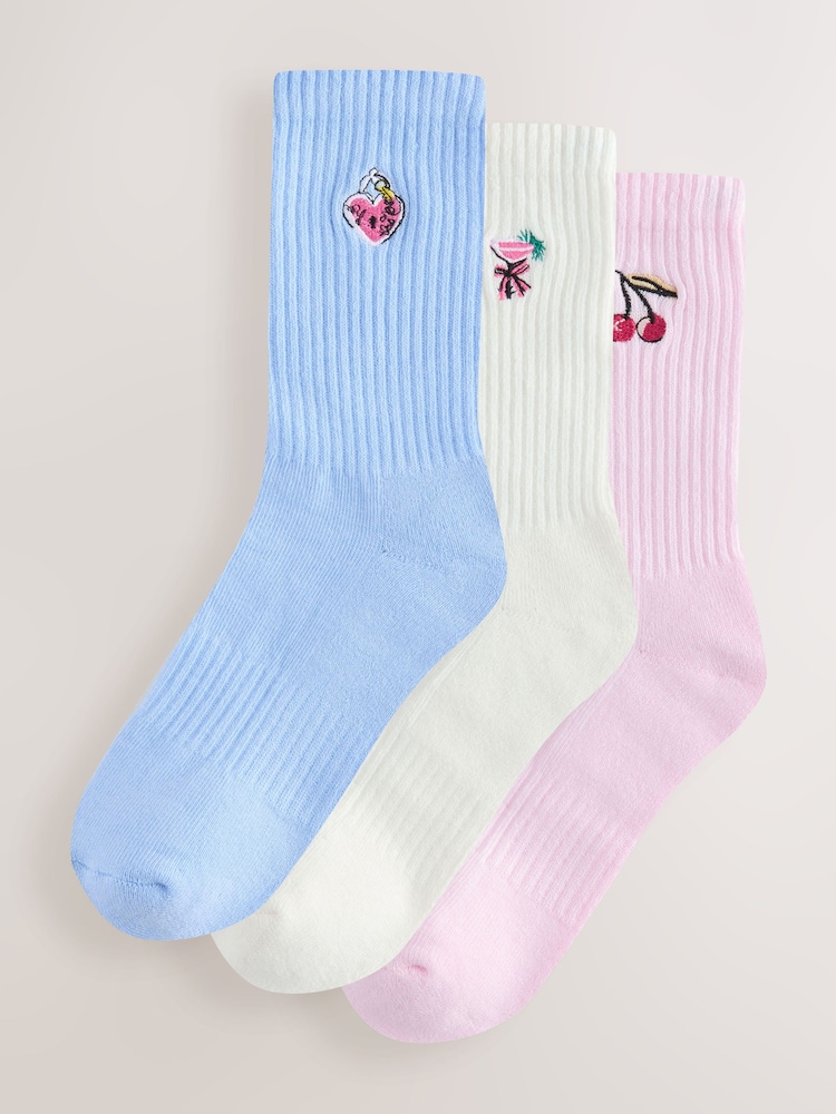 Cherry/Heart/Cocktail Embroidered Cushion Sole Ribbed Sport Ankle Socks 3 Pack With Arch Support - Image 1 of 6