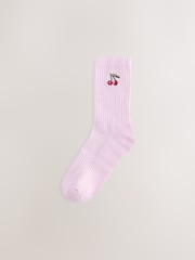Cherry/Heart/Cocktail Embroidered Cushion Sole Ribbed Sport Ankle Socks 3 Pack With Arch Support - Image 4 of 6
