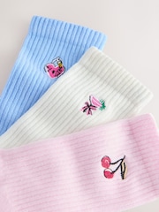 Cherry/Heart/Cocktail Embroidered Cushion Sole Ribbed Sport Ankle Socks 3 Pack With Arch Support - Image 5 of 6