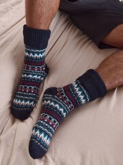 Blue/Red Borg Lined Fairisle Slipper Socks 1 Pack - Image 1 of 4