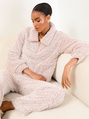 Lipsy Neutral Cosy Half Zip Pyjamas Set - Image 1 of 4