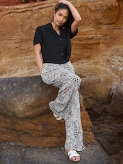PixieGirl Petite Black Wide Leg 100% Cotton Trousers - Image 2 of 3