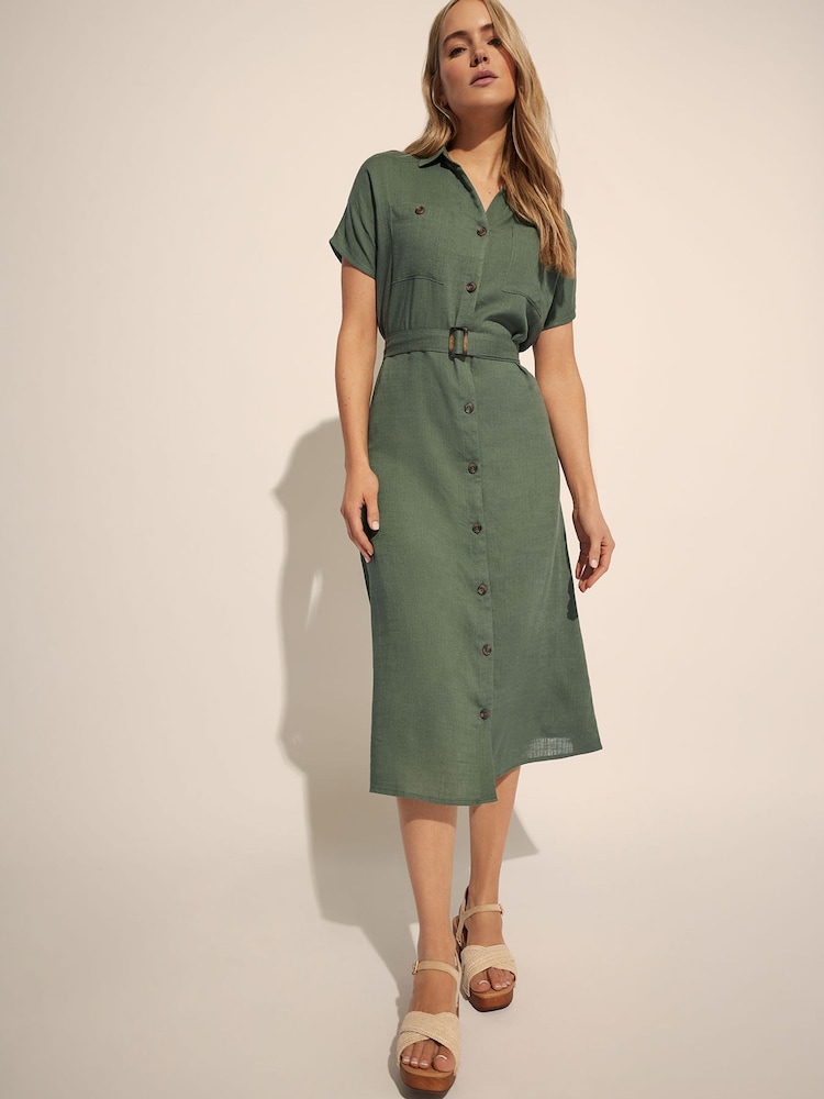 Long Tall Sally Green Grown On Sleeve Button Dress with Containing Linen - Image 1 of 5