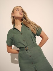 Long Tall Sally Green Grown On Sleeve Button Dress with Containing Linen - Image 3 of 5