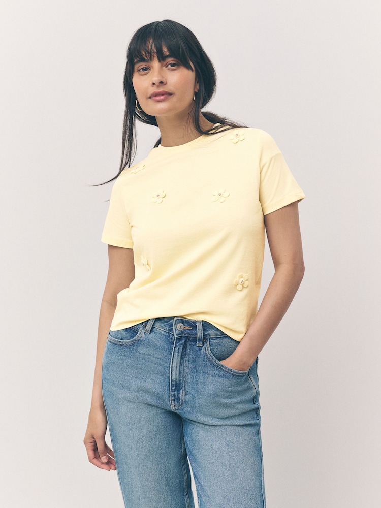 Yellow Short Sleeve Floral Print Embellished T-Shirt - Image 1 of 7 Yellow Short Sleeve Floral Print Embellished T-Shirt - Image 1 of 7