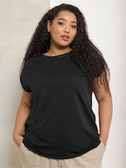 Yours Curve Black Pompom Insert Yolk 100% Cotton Top - Image 1 of 5