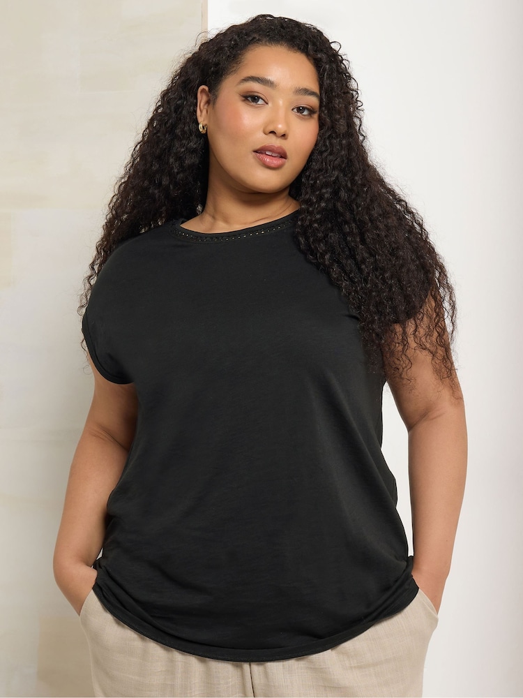 Yours Curve Black Pompom Insert Yolk 100% Cotton Top - Image 1 of 5